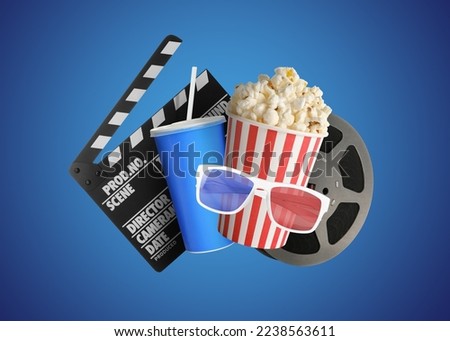 Movie clapper, drink, pop corn, 3D glasses and film reel on blue background. Collage design