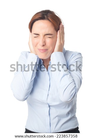 Young beautiful business woman over white background. Showing a headache gesture with eyes closed