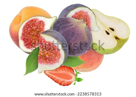 Peaches, figs, pear and strawberries on an isolated white background.