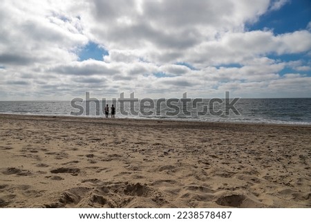 two women from behind lonely on the beach in front of the sea with cloudy skies. High quality photo