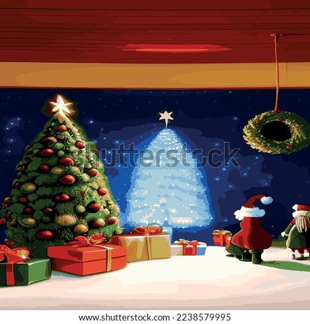 Christmas background with decorated trees and gift boxes. Colorful flat gifts for the holiday. Modern design. Christmas and New Year elements for decoration. Vector illustration