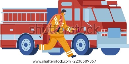 Fire engine, red truck, emergency vehicle, rescue ladder automobile, isolated on white, design, cartoon style vector illustration.