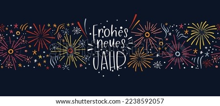 Cute hand drawn New Years banner with fireworks and German type saying "Happy New Year", great for banners, cards, invitations