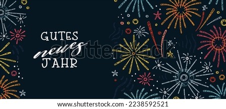 Cute hand drawn New Years banner with fireworks and German type saying "Happy New Year", great for banners, cards, invitations - vector design Royalty-Free Stock Photo #2238592521