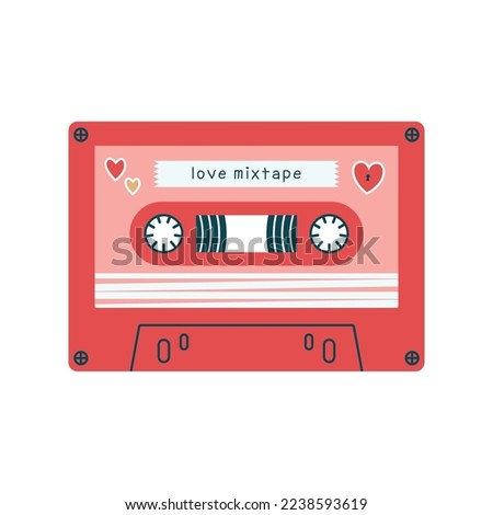 Creative illustration of stereo cassette with stickers of hearts and text "love mixtape". Retro objects, magnetic tapes, nostalgic concept in flat modern style for Valentine's Day card, banner.