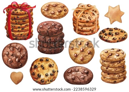 Set Chocolate chip cookie. biscuit on a white background, sweet watercolor set of elements, hand drawing painting