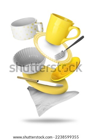 Flying beautiful tableware, napkin and cutlery isolated on white Royalty-Free Stock Photo #2238599355