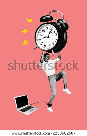 Creative photo 3d collage artwork poster of young person worker wake up start work raise big huge clock isolated on painting background