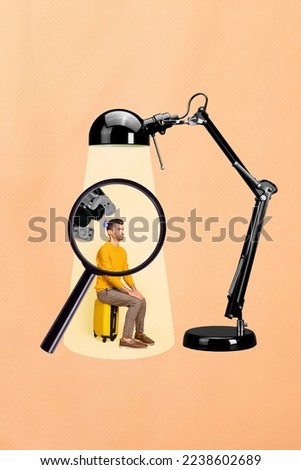 Creative photo 3d collage artwork poster of young man sit suitcase under big table lamp answer question isolated on painting background