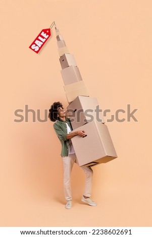 Creative photo 3d collage artwork of funny funky person hold many boxes carry home rejoice shopping isolated on painting background