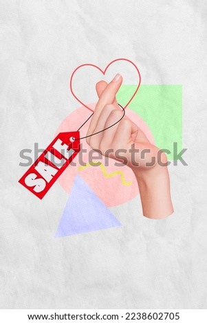 Creative photo 3d collage artwork poster postcard of human arm make heart symbol like low price shopping isolated on painting background