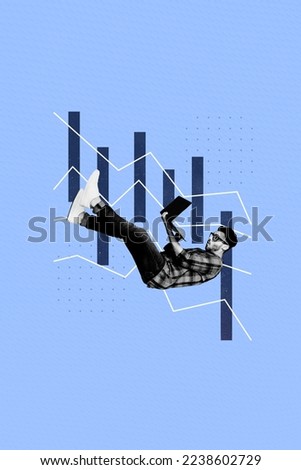Creative photo 3d collage artwork poster of young man worker programmer shocked economy finance situation isolated on painting background