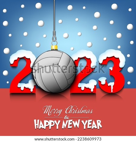 Merry Christmas and Happy New Year. Number 2023 and volleyball ball as a Christmas decorations hanging on strings amid falling snow on a mirror surface. Pattern for greeting card. Vector illustration