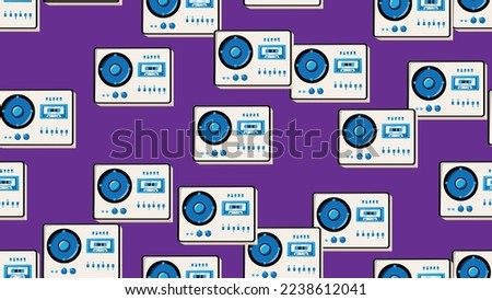 Seamless pattern endless with music audio cassette old retro tape recorders vintage hipster from 70s, 80s, 90s isolated on purple background. Vector illustration