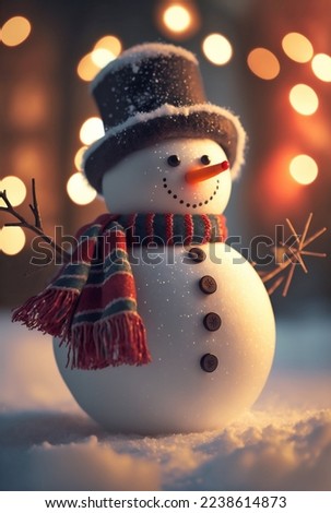 Christmas scene with a cute snowman. Free space for text on right side, snob, light and bokeh in background