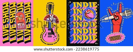 Live indie music show or rock music concert or party poster set with electric guitar and devil horn hand gesture and bright colored typography composition. Vector illustration Royalty-Free Stock Photo #2238619775