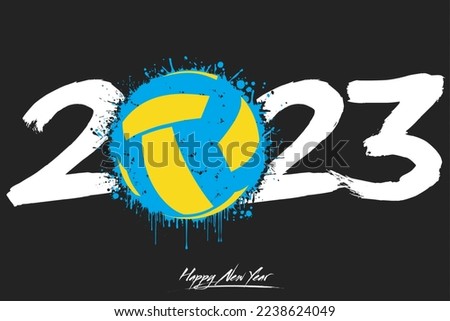 Numbers 2023 and a abstract volleyball ball made of blots in grunge style. Design text logo Happy New Year 2023. Template for greeting card, banner, poster. Vector illustration on isolated background