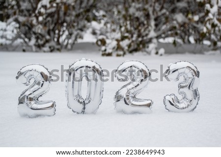 Silver numbers of the New Year 2023 in winter in the snow on the background of snow-covered trees and bushes with copy space