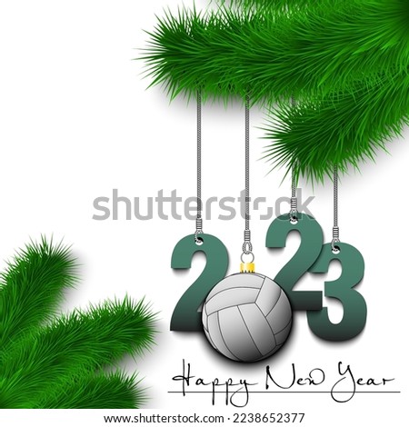 Happy New Year. Numbers 2023 and volleyball ball as a Christmas decorations hanging on a Christmas tree branch. Design pattern for greeting card, banner, poster, flyer, invitation. Vector illustration