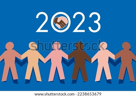 Greeting card 2023, on the concept of brotherhood between races, with the symbol of people of different ethnic origins, who join hands in the fight against racism. Royalty-Free Stock Photo #2238653679