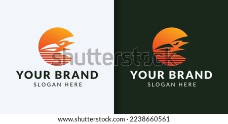 Eagle on the background of the setting sun. Vector logo template