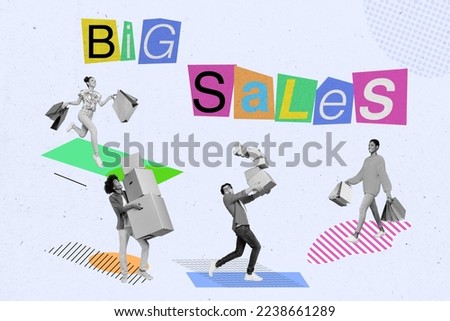 Collage photo website header different people hold much packages bags from shopping mall big sales logo promo isolated on blue color background