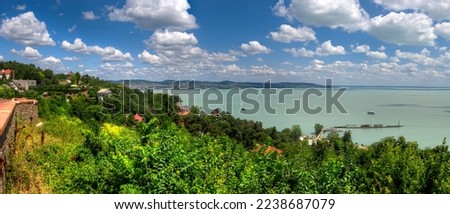Panorama view of lake Balaton with shore plants and shore development