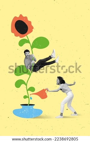 Vertical collage picture of two excited black white gamma people hang watering big drawing sunflower isolated on painted background