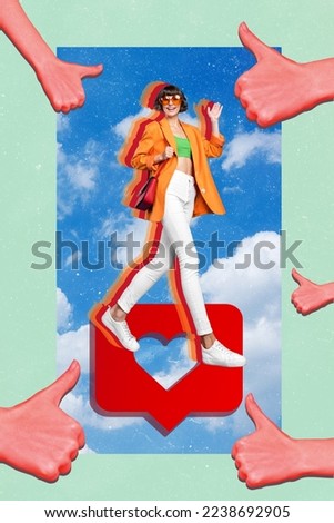 Collage photo of young attractive positive fashionista popular celebrity media influencer thumbs up like sign isolated on painted heaven background