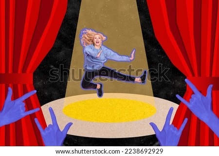 Collage photo of popular actress jumping trampoline showing action big stage feedback from crowd fans rock roll sign isolated on painted background