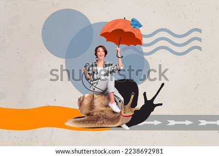 Collage photo of funny excited young woman riding big sliding snail road way hold umbrella windy fall season weather isolated on grey background