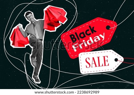 Photo artwork minimal collage picture of excited lucky guy walking rising bargains isolated drawing background