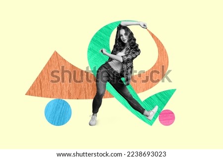 Creative photo 3d collage artwork postcard poster of beautiful girl participate dance contest competition isolated on painting background