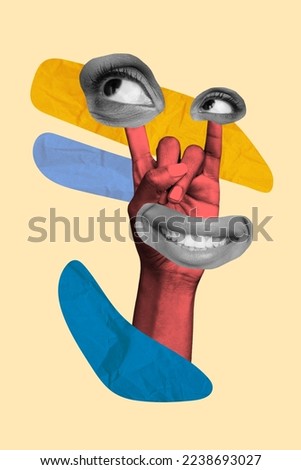 Photo sketch collage graphics artwork picture of funky smiling arm showing hard rock sign isolated drawing background