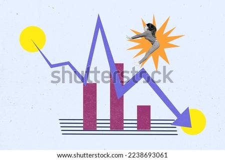 3d retro abstract creative artwork template collage of jumping high little woman arrow fall down statistics bankruptcy business crisis