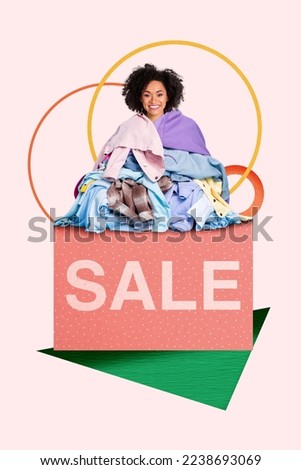 Creative abstract template collage of funny adorable young woman sitting pile clothes confused sales black friday discount