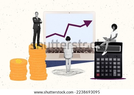 Creative photo 3d collage artwork poster postcard picture of business team work to increase improve budget isolated on painting background Royalty-Free Stock Photo #2238693095