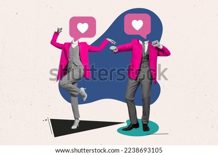 Artwork magazine collage picture of lady guy couple hearts instead head having fun together isolated drawing background