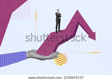 Creative photo 3d collage artwork poster postcard picture of serious confident man stand big arrow arm isolated on painting background