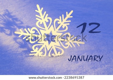 Calendar for January 12: decorative snowflake on the snow close-up, numbers 12, name of the month January in English