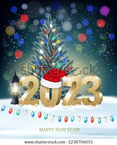 New Year and Merry Christmas Holiday Background with 2023 with Santa hat and colorful garland. Vector.