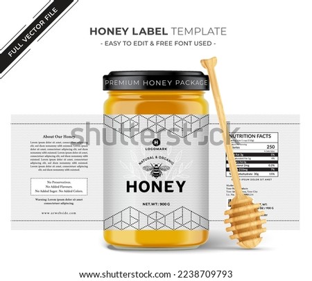Bee hive pure Honey design glass jar bottle, creative and modern health product branding black label new packaging, vector editable graphic design template,
food label packaging 3d print design.