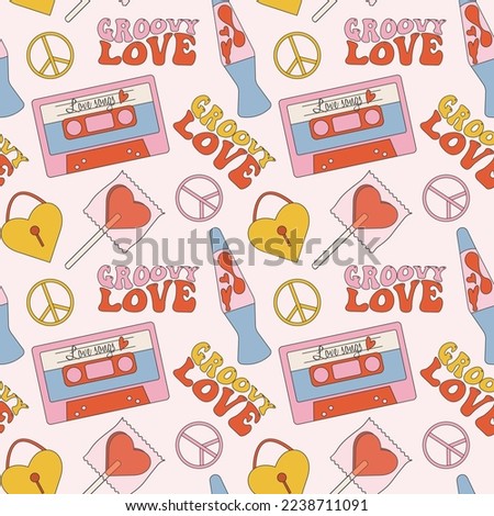 Seamless pattern in trendy retro groovy style. With valentines day elements
