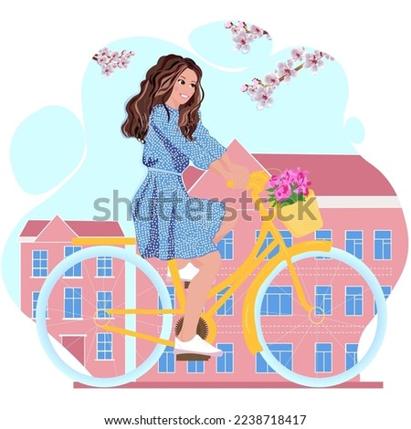 Girl Rides A Bicycle Through The City. 
Vector illustration. Isolated on white background