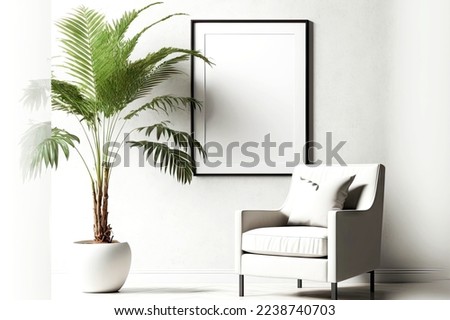 Room with white armchair, picture frame mockup and palm tree in tub
