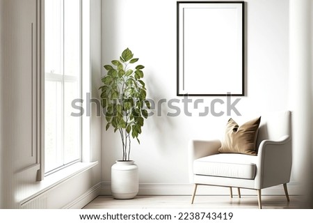 Window chair, vase with plant on floor and picture frame mockup