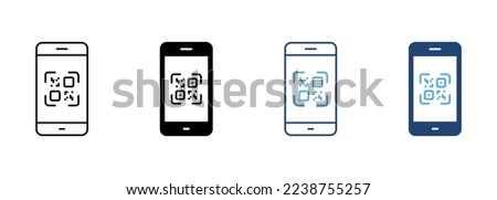 Scan QR Code on Smartphone Line and Silhouette Icon Set. Payment Scanner in Mobile Phone Pictogram. Square Barcode App for Pay Symbol Collection on White Background. Isolated Vector Illustration. Royalty-Free Stock Photo #2238755257