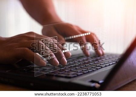 Data transfer concept. FTP(File Transfer Protocol). Transfer data to a server or hosting service. File sharing isometric. internet server connection. Person hand typing on keyboard of laptop computer.