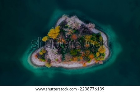 Aerial view of a small island on the lake 