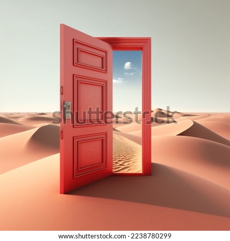 Opened red door in the desert . This is a 3d render illustration Royalty-Free Stock Photo #2238780299